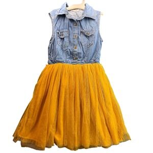 Beautees Denim Tulle Dress Kid Girls 8 Blue Yellow Tutu Western Sleeveless Swift